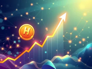 A vibrant digital representation of the HYPER token soaring upwards, symbolizing its explosive crypto price surge due to Hyperliquid protocol's advancements.