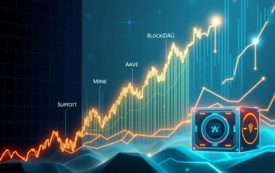 Charts showing a strong Hyperliquid price prediction surge alongside Aave's support zone and BlockDAG mining hardware, illustrating a dynamic crypto market.