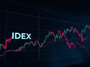 A dramatic red candlestick chart illustrating the IDEX price crash, highlighting extreme cryptocurrency volatility and market uncertainty.