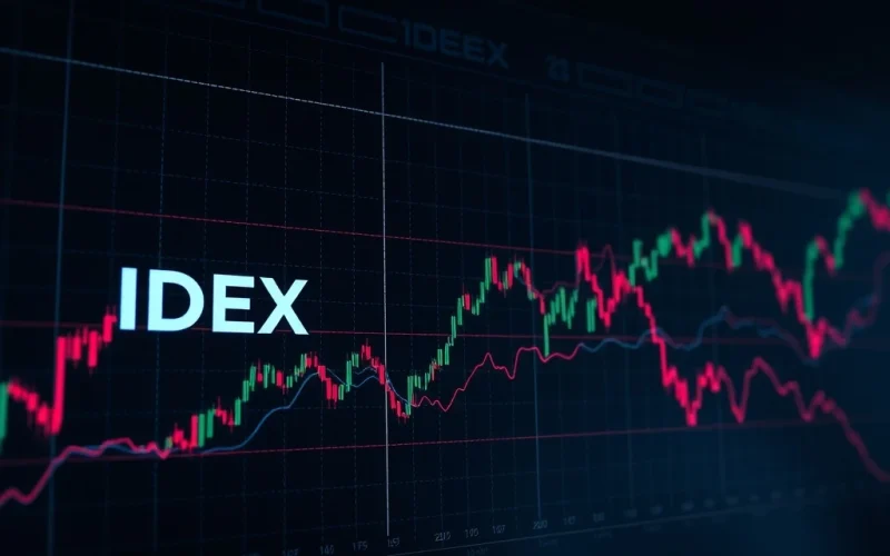 A dramatic red candlestick chart illustrating the IDEX price crash, highlighting extreme cryptocurrency volatility and market uncertainty.