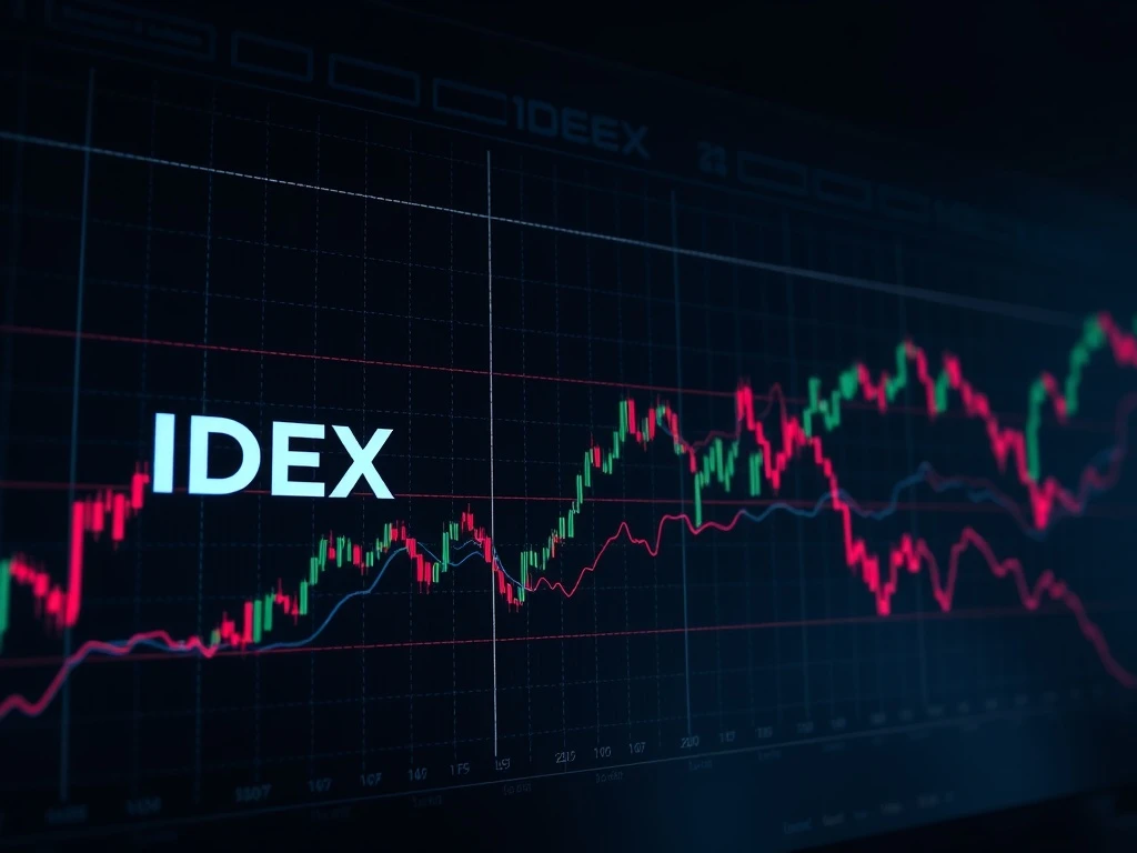 A dramatic red candlestick chart illustrating the IDEX price crash, highlighting extreme cryptocurrency volatility and market uncertainty.