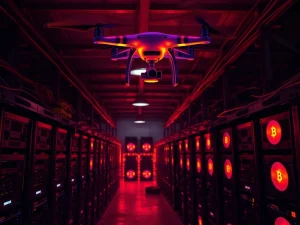 Illegal Bitcoin mining rigs in a hidden warehouse with thermal drone surveillance