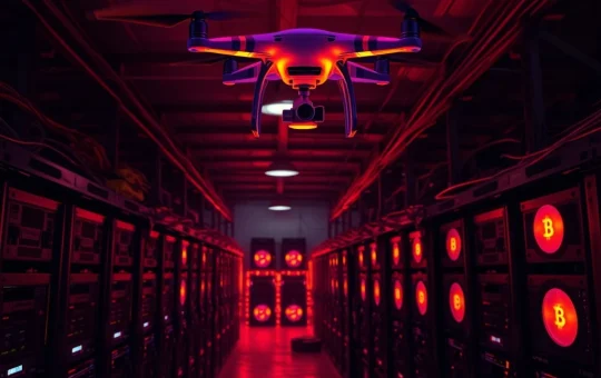 Illegal Bitcoin mining rigs in a hidden warehouse with thermal drone surveillance