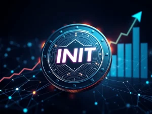 INIT cryptocurrency coin glowing with blockchain connections showing explosive growth