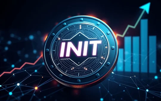 INIT cryptocurrency coin glowing with blockchain connections showing explosive growth