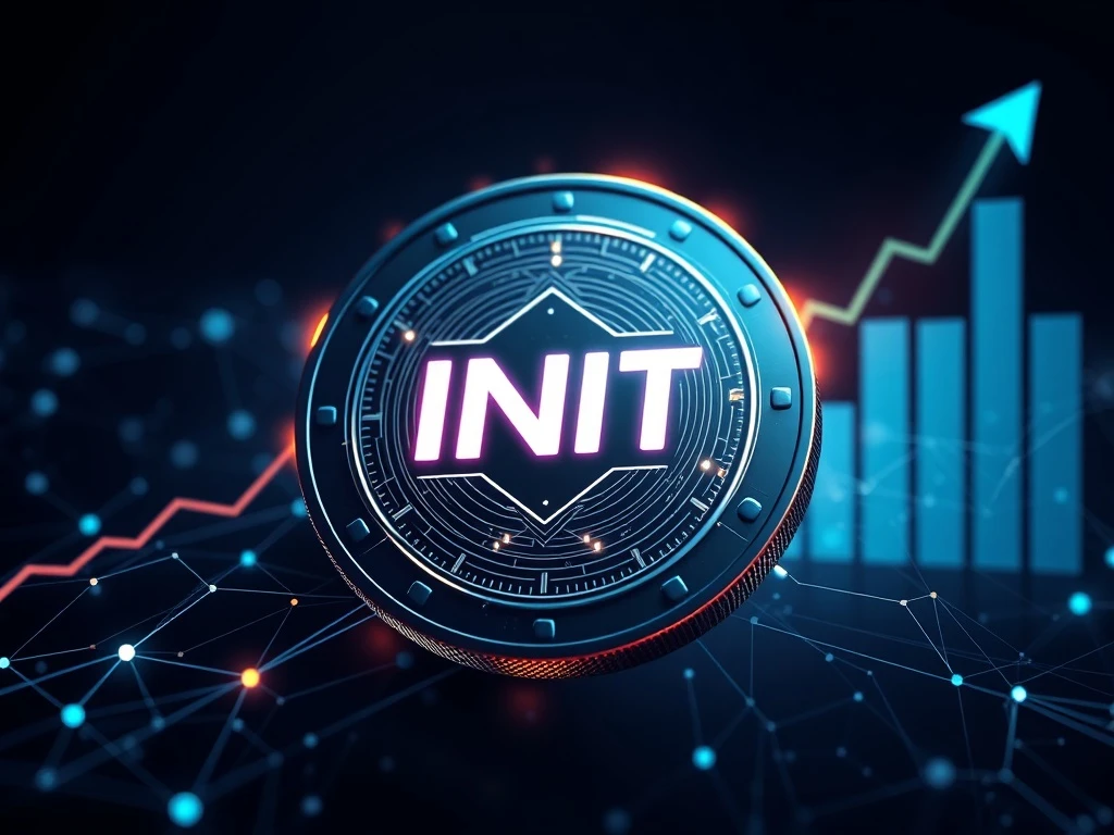INIT cryptocurrency coin glowing with blockchain connections showing explosive growth