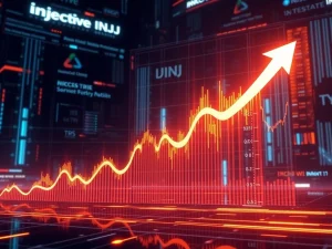 A dynamic chart illustrating Injective (INJ) price movements, showing potential for a significant breakout mirroring past crypto surge patterns.