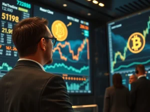 A visual representation of institutional Bitcoin profit-taking, showing large financial entities managing digital assets with charts and data, highlighting Galaxy Digital's strategic moves.
