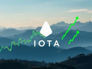 A bullish IOTA candlestick chart breaking out of a descending triangle, symbolizing the IOTA price surge and its 90% upside potential.