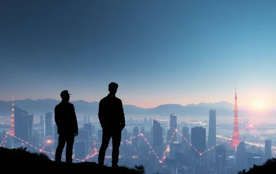 A symbolic image depicting Japan's slow crypto regulation causing innovative startups to look overseas for growth opportunities.