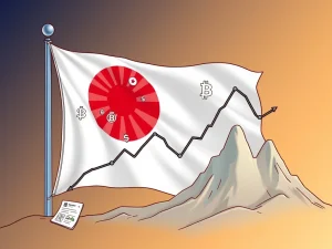Japanese flag draped over a declining crypto market graph, symbolizing the crippling regulatory delays impacting Japan's crypto industry.