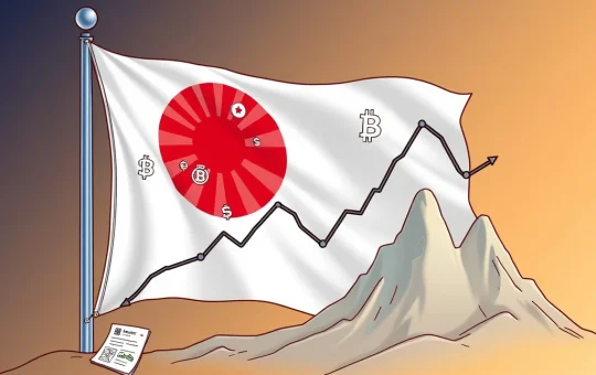 Japanese flag draped over a declining crypto market graph, symbolizing the crippling regulatory delays impacting Japan's crypto industry.