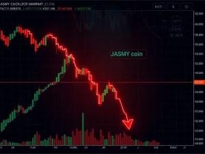 A dramatic chart illustrating the JASMY price drop, symbolizing a significant crypto selloff and bearish market conditions.