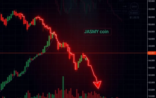 A dramatic chart illustrating the JASMY price drop, symbolizing a significant crypto selloff and bearish market conditions.