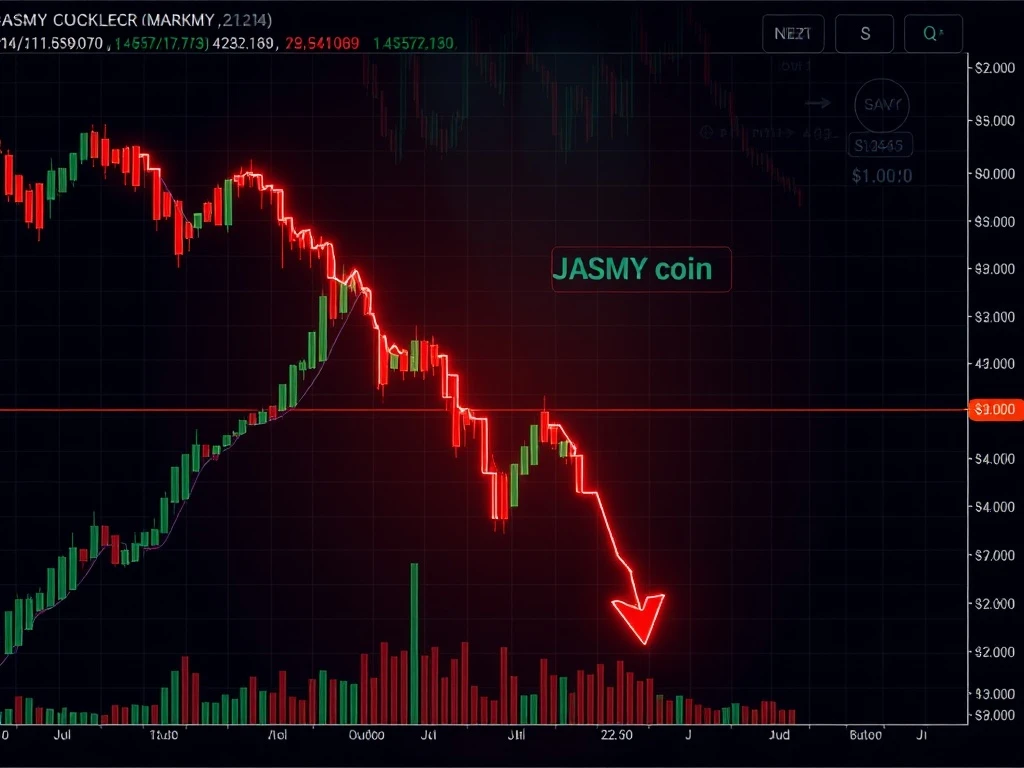 A dramatic chart illustrating the JASMY price drop, symbolizing a significant crypto selloff and bearish market conditions.