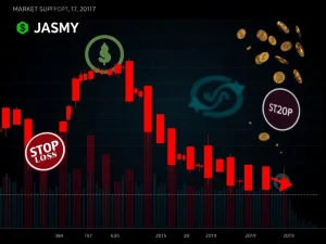 A downward trending cryptocurrency chart representing JASMY's price drop, highlighting a critical support level and signs of market liquidations.