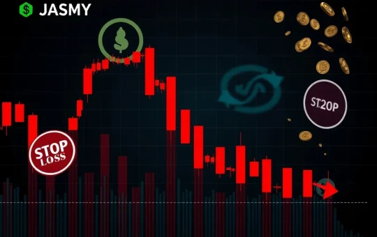 A downward trending cryptocurrency chart representing JASMY's price drop, highlighting a critical support level and signs of market liquidations.