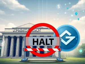JPMorgan Crypto Clash: A visual metaphor of JPMorgan halting new Gemini clients over data access fees, highlighting the ongoing banking dispute.