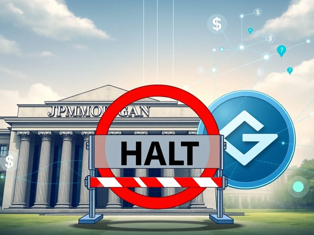 JPMorgan Crypto Clash: A visual metaphor of JPMorgan halting new Gemini clients over data access fees, highlighting the ongoing banking dispute.