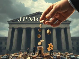 An imposing JPMorgan building casting a shadow over smaller, struggling crypto fintech symbols, representing the alleged stifling of crypto innovation.