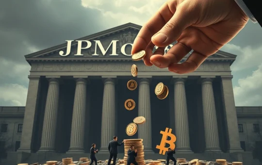 An imposing JPMorgan building casting a shadow over smaller, struggling crypto fintech symbols, representing the alleged stifling of crypto innovation.