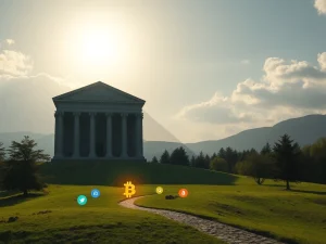 A shadowy figure representing JPMorgan attempting to block the path of a glowing Bitcoin, illustrating the alleged anti-competitive tactics against crypto advocacy.