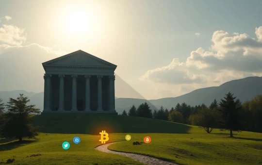 A shadowy figure representing JPMorgan attempting to block the path of a glowing Bitcoin, illustrating the alleged anti-competitive tactics against crypto advocacy.