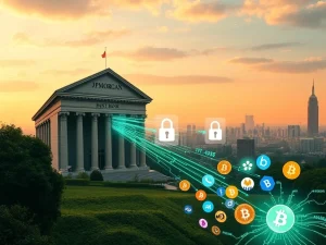 An illustration showing a large traditional bank building (JPMorgan) with digital data streams flowing from it, some being blocked or monetized, impacting smaller, innovative crypto and fintech startups. Highlights the conflict over JPMorgan Data Fees.