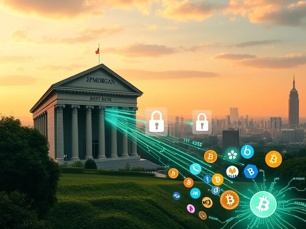 An illustration showing a large traditional bank building (JPMorgan) with digital data streams flowing from it, some being blocked or monetized, impacting smaller, innovative crypto and fintech startups. Highlights the conflict over JPMorgan Data Fees.
