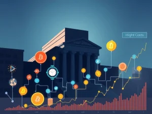 A fintech coalition challenges JPMorgan data fees, depicted by digital currency symbols clashing with a large bank building, representing the fight for open banking.