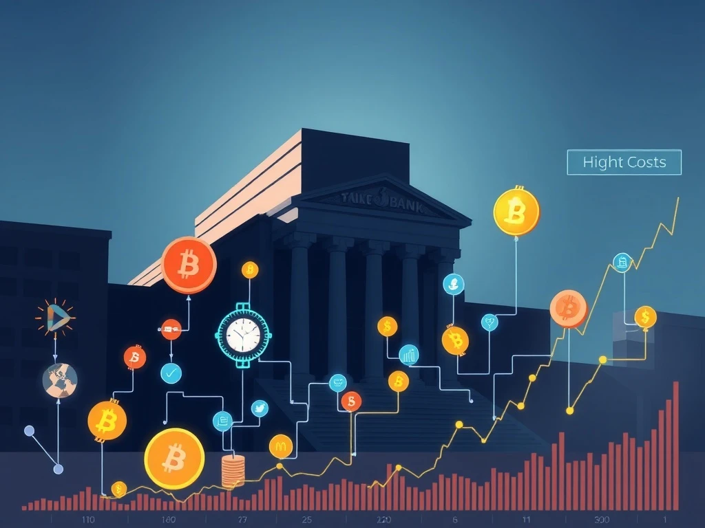 A fintech coalition challenges JPMorgan data fees, depicted by digital currency symbols clashing with a large bank building, representing the fight for open banking.