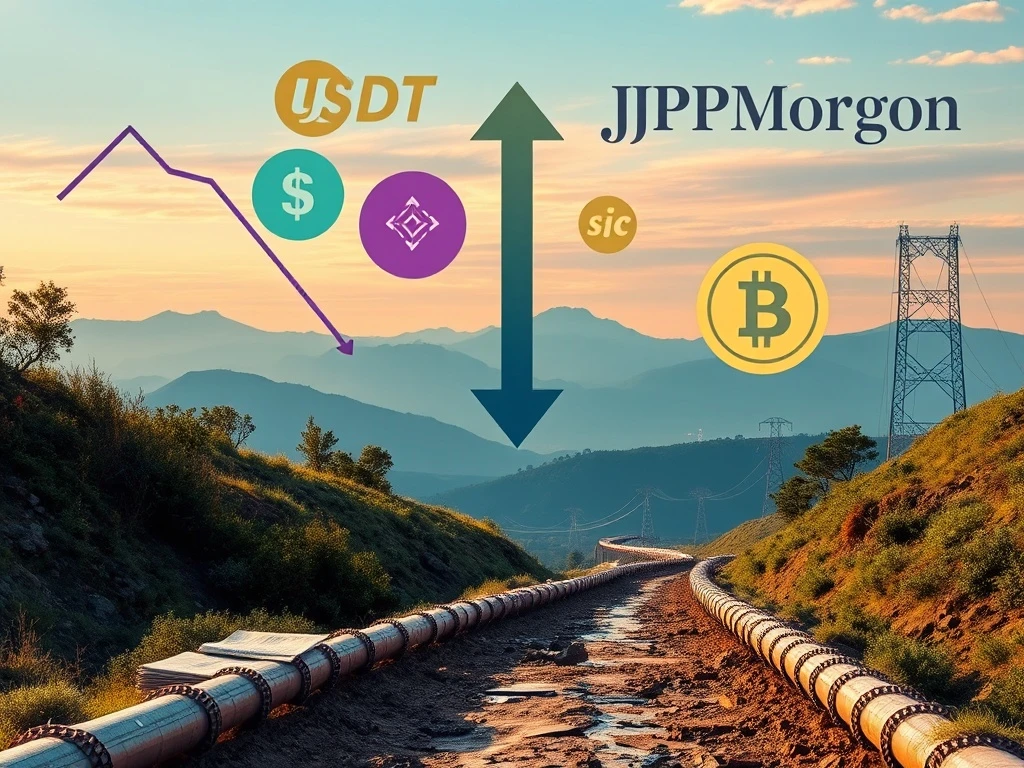 A chart showing a downward trend in stablecoin market value, reflecting JPMorgan's revised forecast due to regulatory and infrastructure challenges. JPMorgan stablecoin forecast.