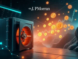 JPMorgan building with digital stablecoin symbols integrating into its structure, symbolizing the firm's pivot to stablecoin integration.