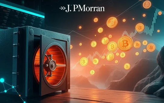 JPMorgan building with digital stablecoin symbols integrating into its structure, symbolizing the firm's pivot to stablecoin integration.