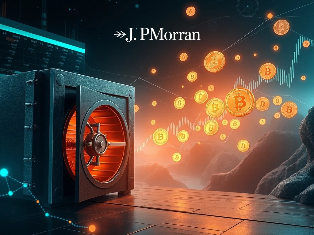 JPMorgan building with digital stablecoin symbols integrating into its structure, symbolizing the firm's pivot to stablecoin integration.