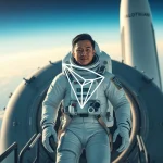 Justin Sun in a spacesuit boarding a rocket with TRON logo, symbolizing blockchain and space exploration.