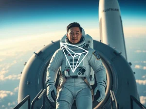 Justin Sun in a spacesuit boarding a rocket with TRON logo, symbolizing blockchain and space exploration.
