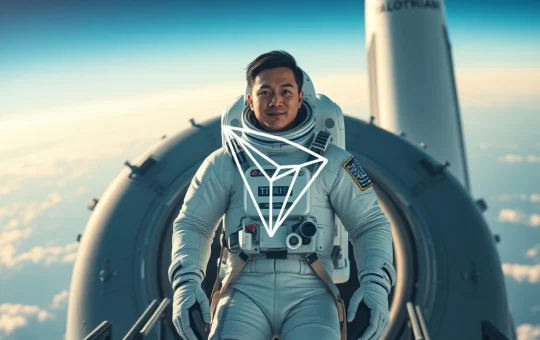 Justin Sun in a spacesuit boarding a rocket with TRON logo, symbolizing blockchain and space exploration.