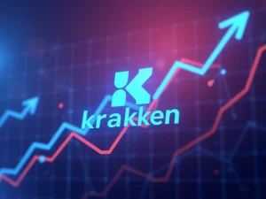Kraken cryptocurrency exchange logo with growth graph for 2026 IPO