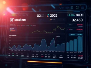 Kraken Q2 revenue growth displayed on a digital financial dashboard with crypto charts