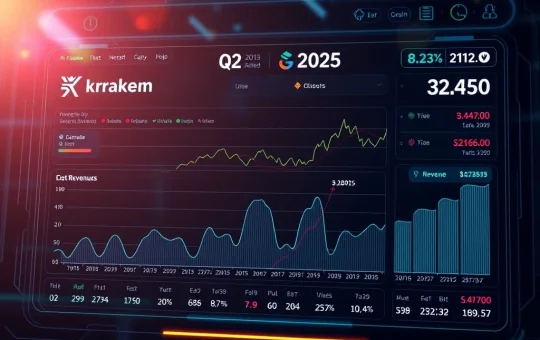 Kraken Q2 revenue growth displayed on a digital financial dashboard with crypto charts