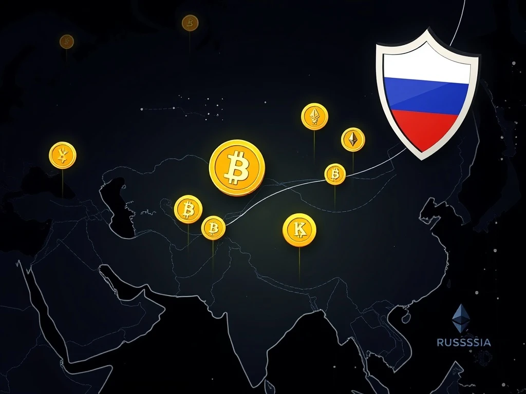 Digital currencies flowing between Russia and Kyrgyzstan, illustrating sanctions evasion via Kyrgyzstan crypto platforms.