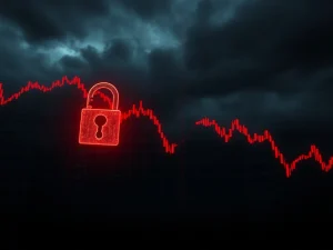 A downward-trending chart with regulatory symbols, illustrating the LA crypto project's price volatility and challenges.
