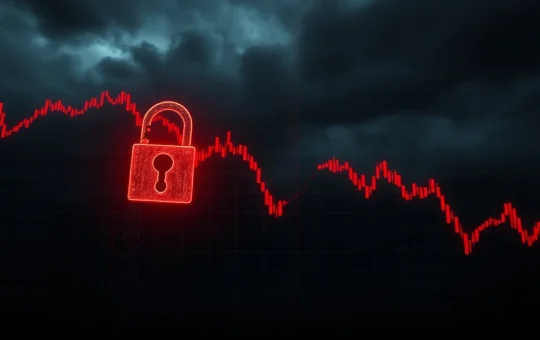 A downward-trending chart with regulatory symbols, illustrating the LA crypto project's price volatility and challenges.