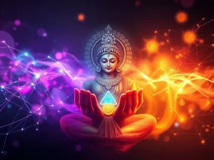 An ethereal depiction of the Laxmi Crypto Coin, symbolizing wealth and spiritual growth, with upward-trending charts in the background, representing its presale potential.