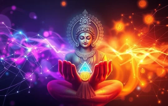 An ethereal depiction of the Laxmi Crypto Coin, symbolizing wealth and spiritual growth, with upward-trending charts in the background, representing its presale potential.