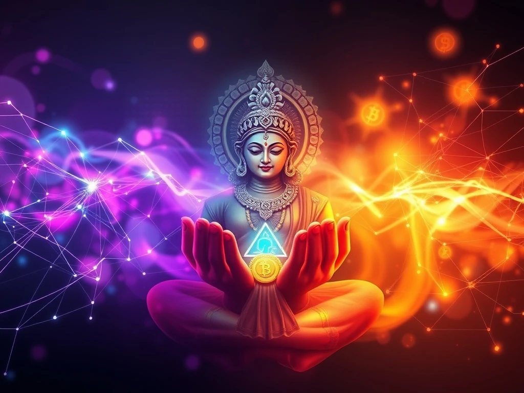 An ethereal depiction of the Laxmi Crypto Coin, symbolizing wealth and spiritual growth, with upward-trending charts in the background, representing its presale potential.