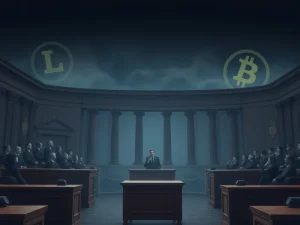 A courtroom scene symbolizing the complex Libra memecoin legal dispute over frozen crypto assets.
