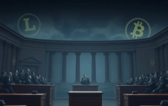 A courtroom scene symbolizing the complex Libra memecoin legal dispute over frozen crypto assets.