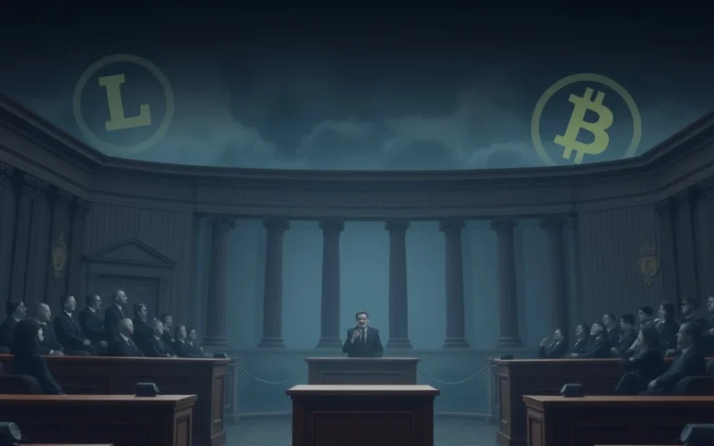A courtroom scene symbolizing the complex Libra memecoin legal dispute over frozen crypto assets.